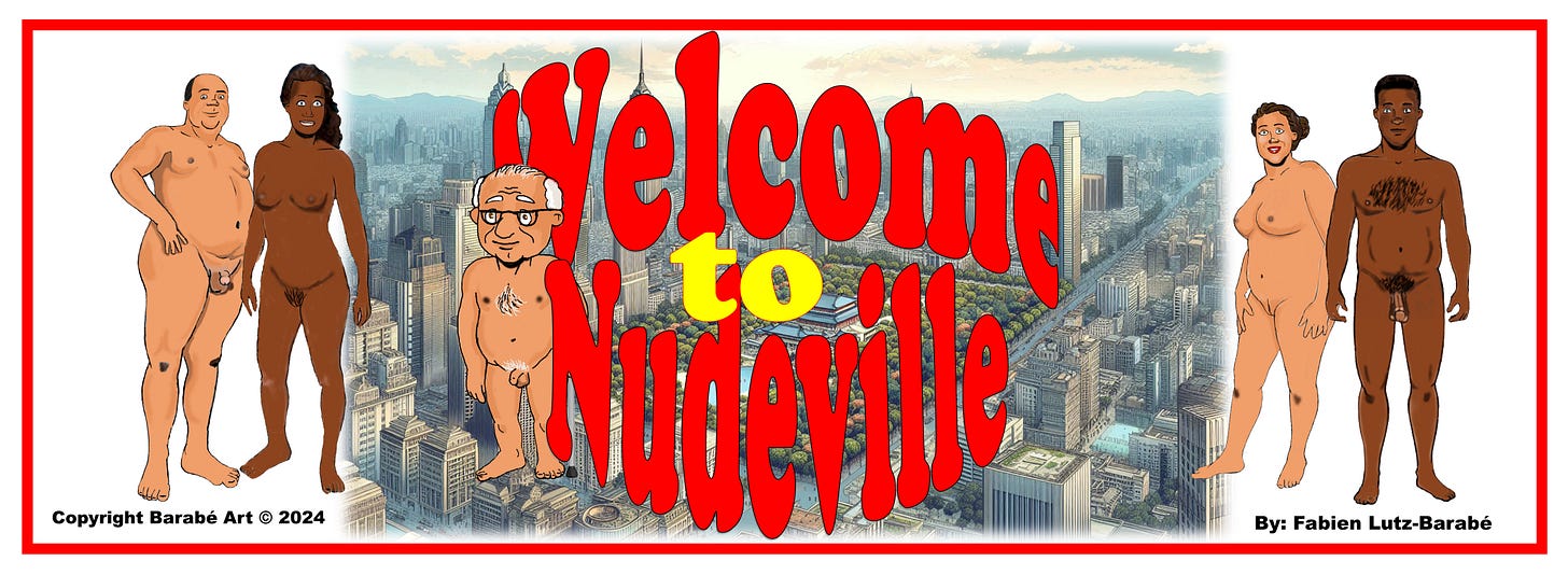 Generic Welcome to Nudeville banner features assorted characters from Nudeville and a city skyline in the background. 