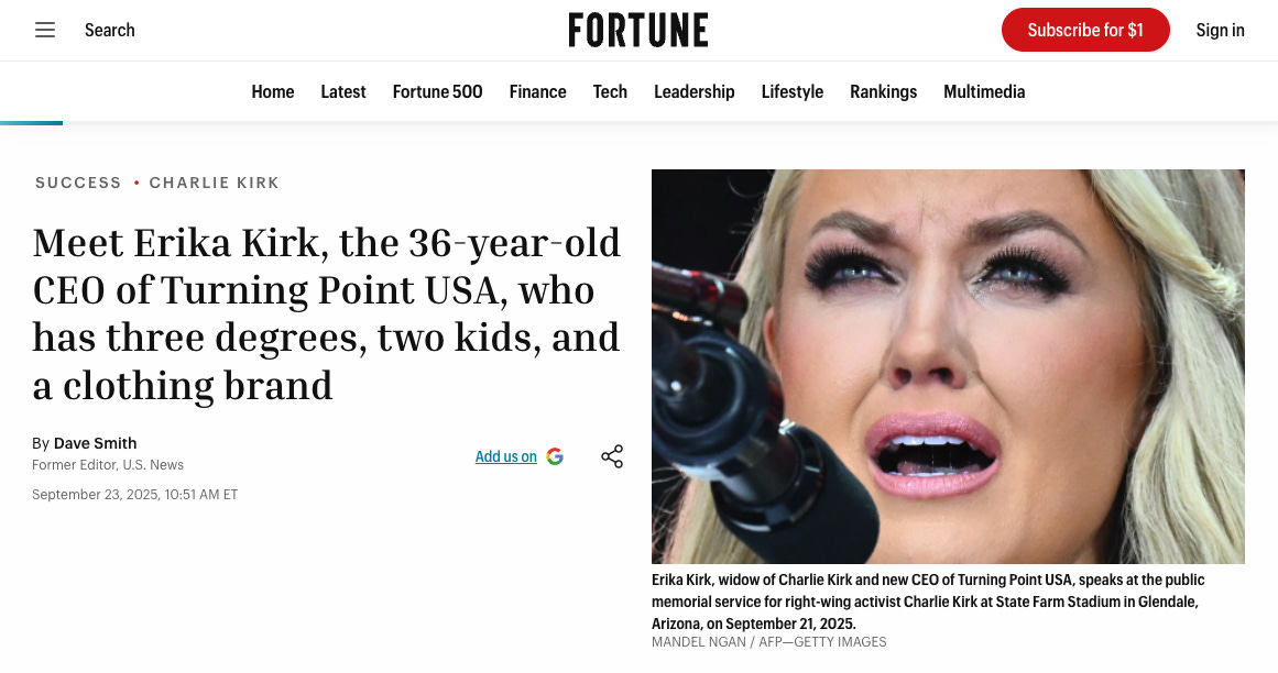 Fortune framed her as the grieving widow. Inside TPUSA, Erika Kirk was the new center of a family-run consolidation of power.