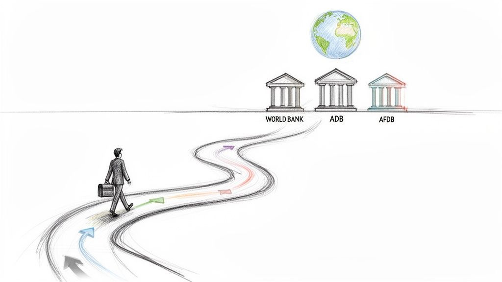 A man walks on a winding path towards the World Bank, ADB, and AfDB buildings under a globe.