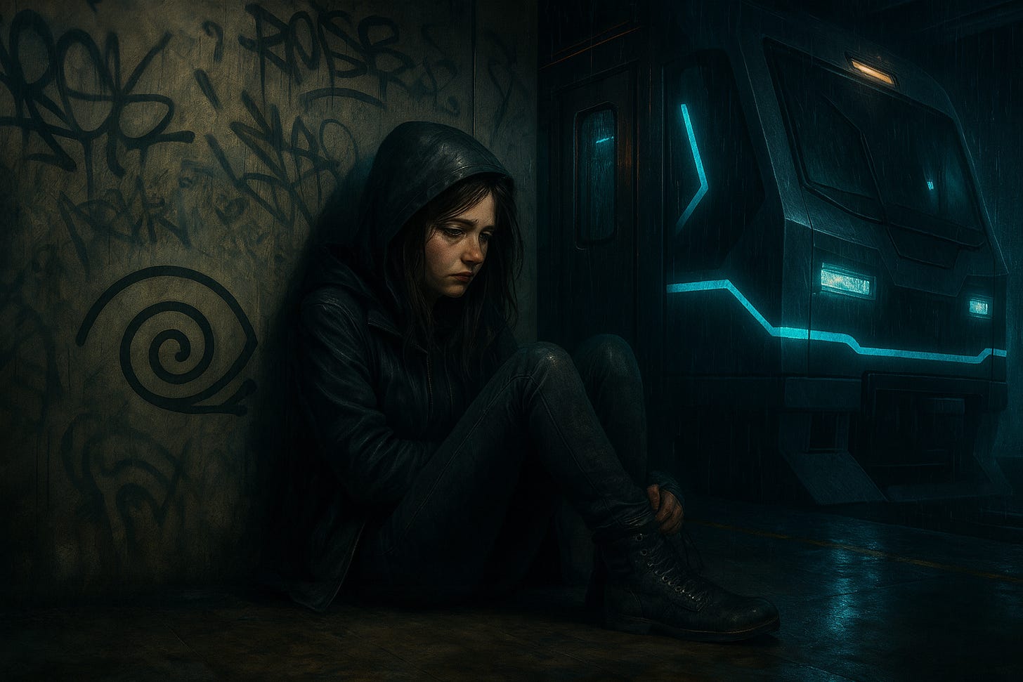 A young woman sits on a wet concrete platform beside a moving train in a neon-lit, rain-soaked city. She leans against a graffiti-covered wall, the Eyeball sigil spray-painted faintly beside her. The scene feels lonely, cinematic, and futuristic, with teal light reflecting off the wet ground. A young woman sits on a wet concrete platform beside a moving train in a neon-lit, rain-soaked city. She leans against a graffiti-covered wall, the Eyeball sigil spray-painted faintly beside her. The scene feels lonely, cinematic, and futuristic, with teal light reflecting off the wet ground.