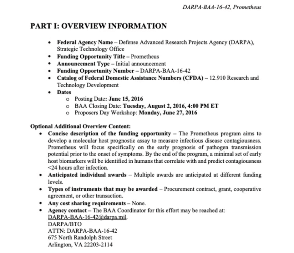 Page titled PART I: OVERVIEW INFORMATION with bullets about a DARPA Prometheus funding opportunity, dates, and contacts (June–Aug 2016).