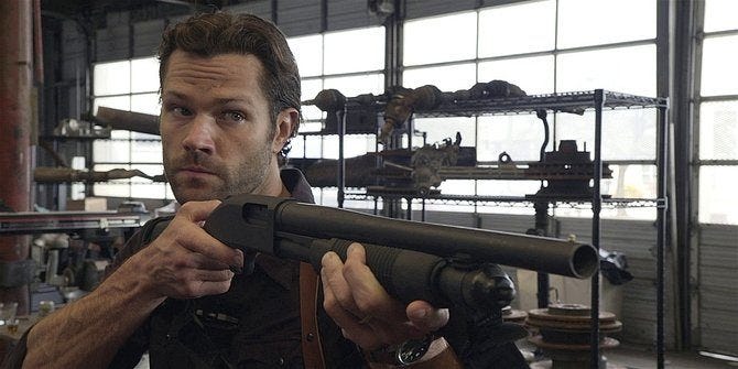 Close up of Walker Jared Padalecki with single barrel rifle 1.09. Close up of Walker Jared Padalecki with single barrel rifle 1.09.