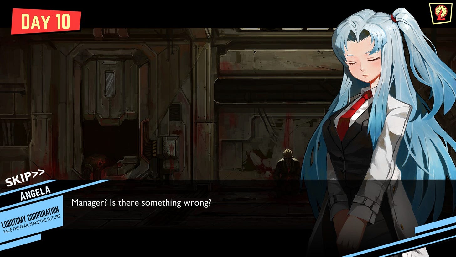 Angela, from Lobotomy Corporation in a very realistic view saying "Manager? Is there something wrong?" as a scene of gore is behind her. Angela, from Lobotomy Corporation in a very realistic view saying "Manager? Is there something wrong?" as a scene of gore is behind her.