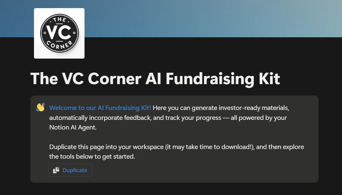 The VC Corner AI Fundraising Kit workspace overview in Notion