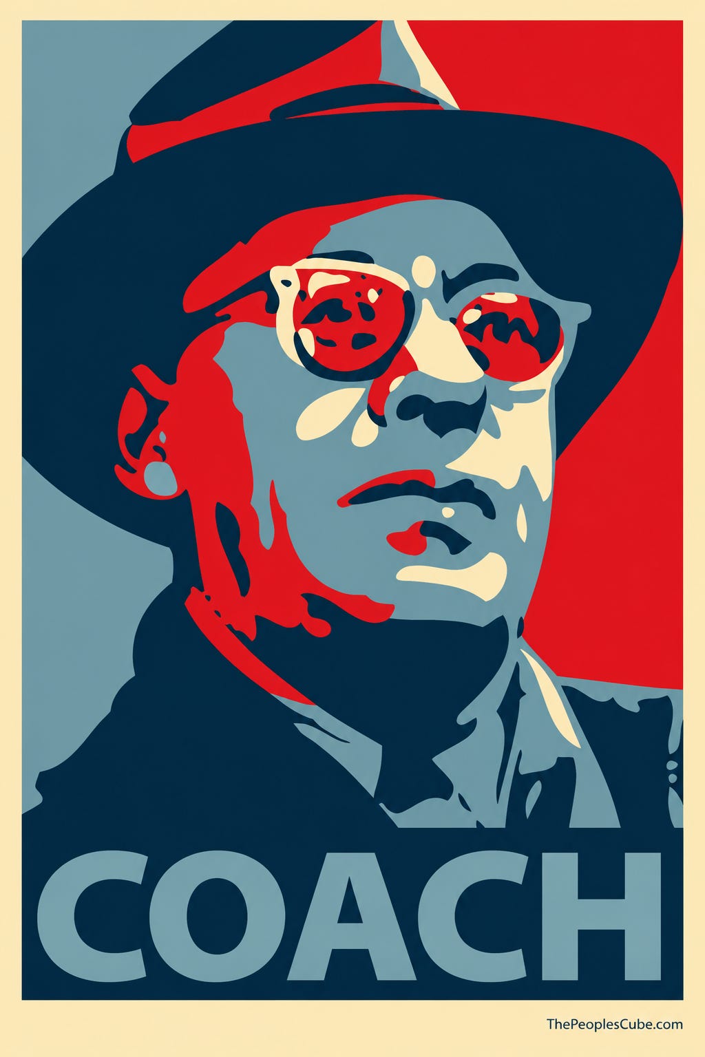 Red, beige and blue poster-style portrait of a man in a hat and glasses above the word “COACH” Red, beige and blue poster-style portrait of a man in a hat and glasses above the word “COACH”
