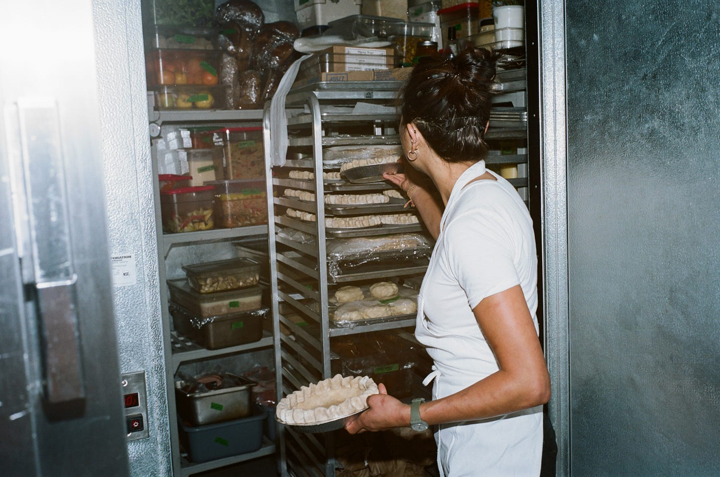 Shaped pie shells in the walk-in fridge
