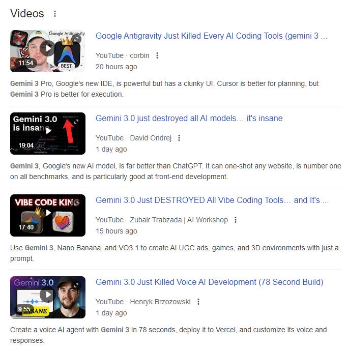 Google search video results showing YouTube thumbnails and titles about Gemini 3.0, with creators claiming it “killed” or “destroyed” AI coding tools, outperformed other AI models, and enabled rapid app and voice-agent builds.