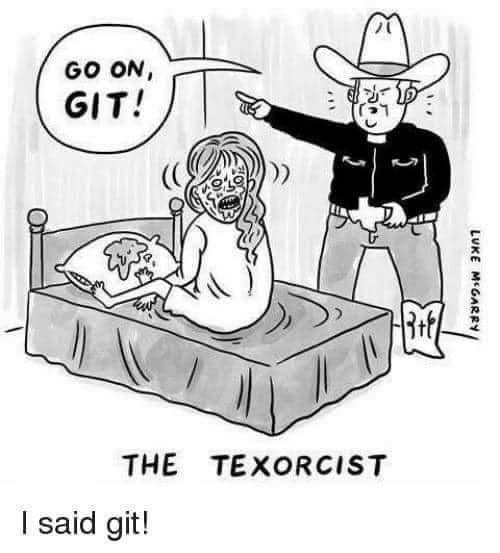 This may contain: a man is talking to a woman on the bed that says, i said git