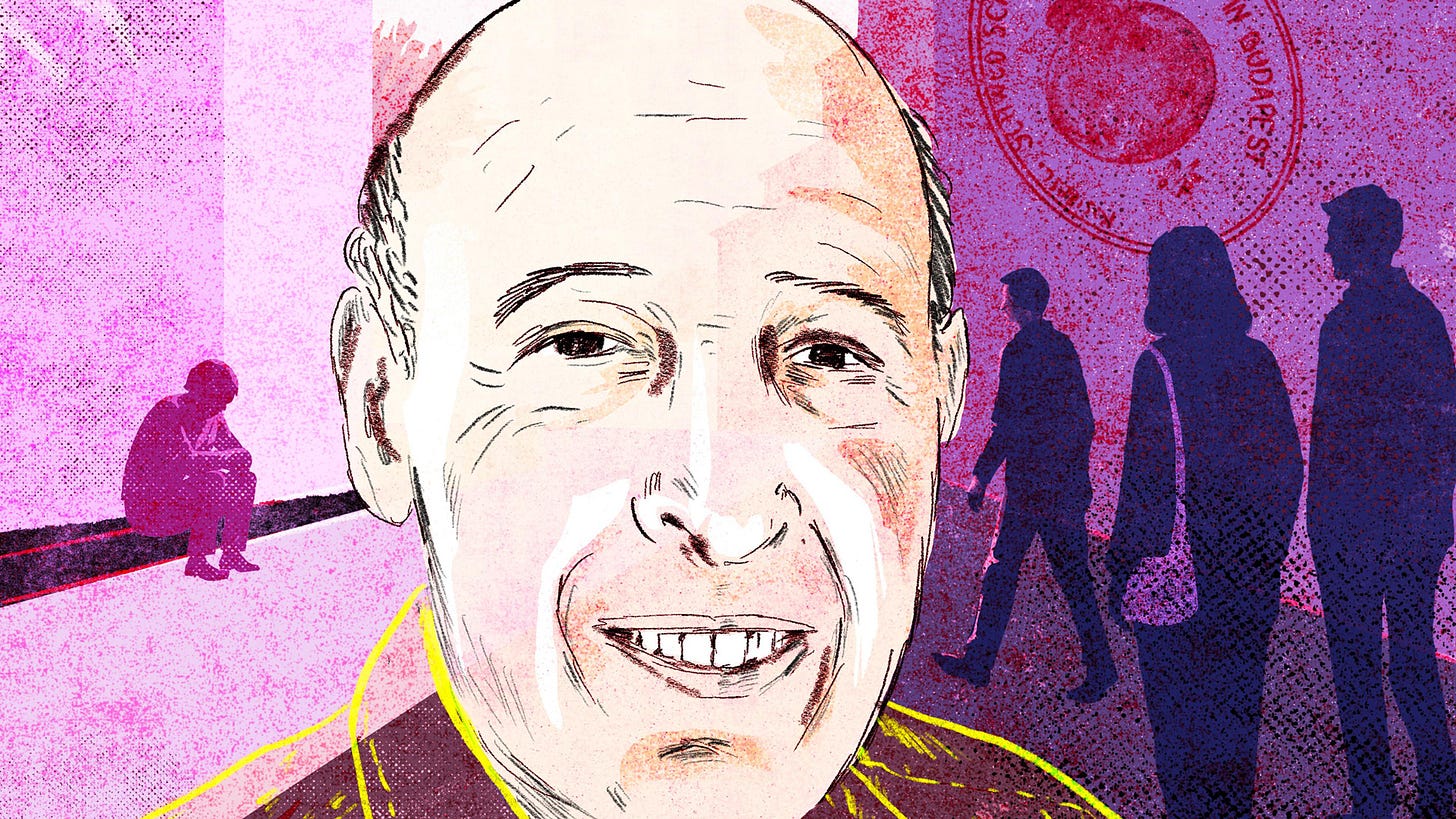 Illustration of an elderly man’s face, with pink and purple silhouettes in the background. Illustration of an elderly man’s face, with pink and purple silhouettes in the background.