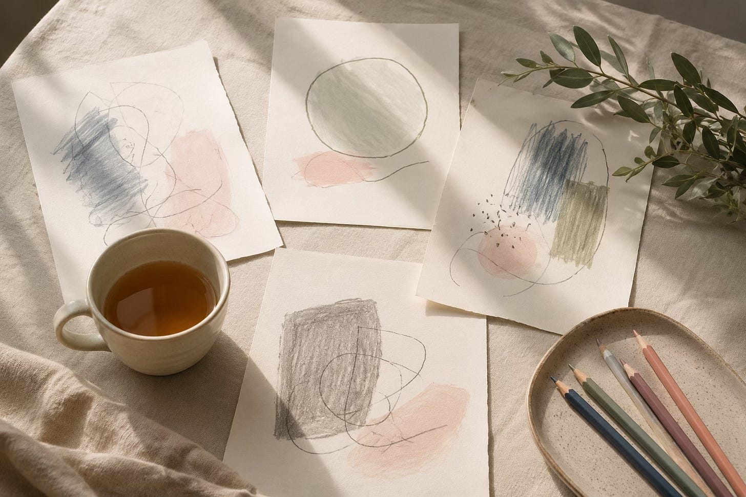 Simple abstract Picture Tapping drawings with coloured pencils in a calm setting