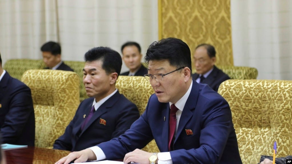 FILE - Yun Jong Ho, right, North Korean external economic relations minister, is shown at the Mansudae Assembly Hall in Pyongyang, on Tuesday, Dec. 12, 2023. Yun is leading a delegation to visit Iran on April 23, 2024.