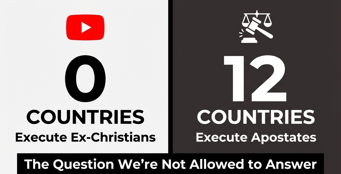 Split comparison image showing zero countries execute Christian apostates versus twelve countries execute Muslim apostates: YouTube icon left, gavel and scales right,  highlighting the apostasy law difference nobody discusses openly https://bit.ly/4smV7lS