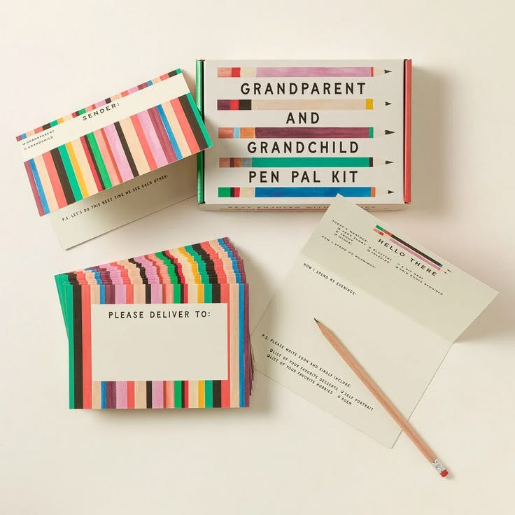 This may contain: an assortment of colored pencils and stationery on a white surface with the words grandparents and grandchild pen pal kit This may contain: an assortment of colored pencils and stationery on a white surface with the words grandparents and grandchild pen pal kit
