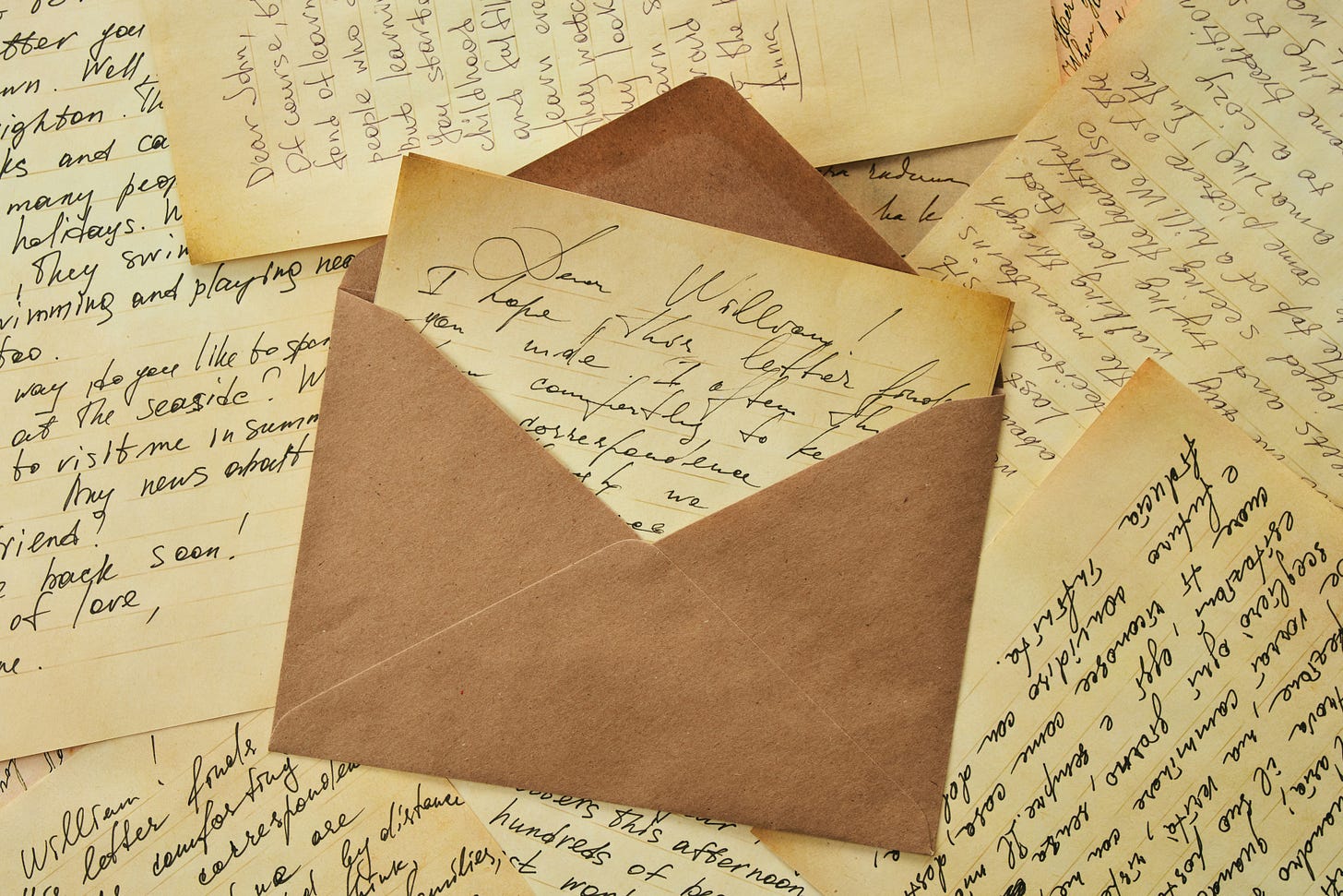 Handwritten letters, postcards, envelopes with nostalgic vibes