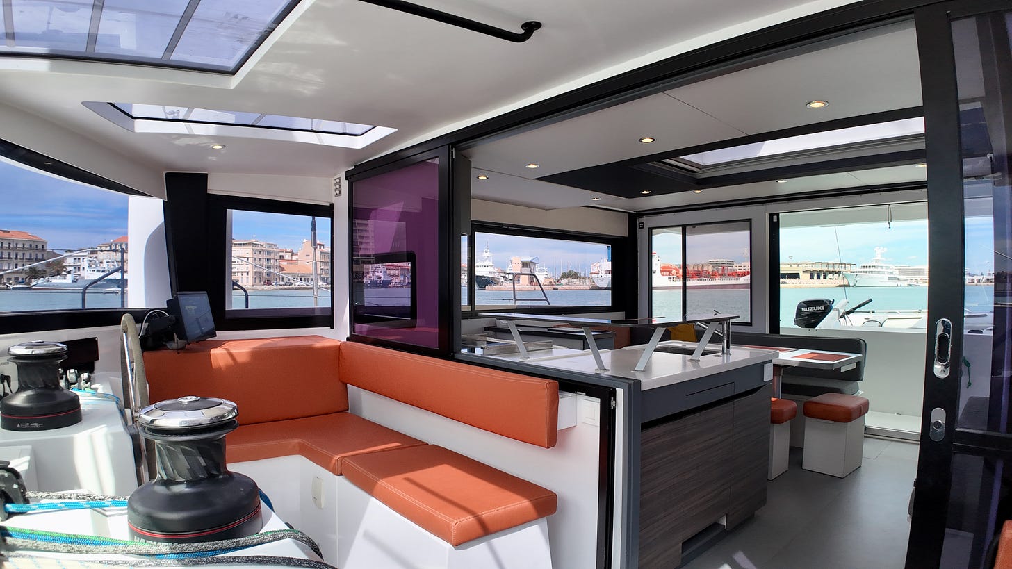 Windelo 50 forward cockpit looking toward the aft starboard side of the salon