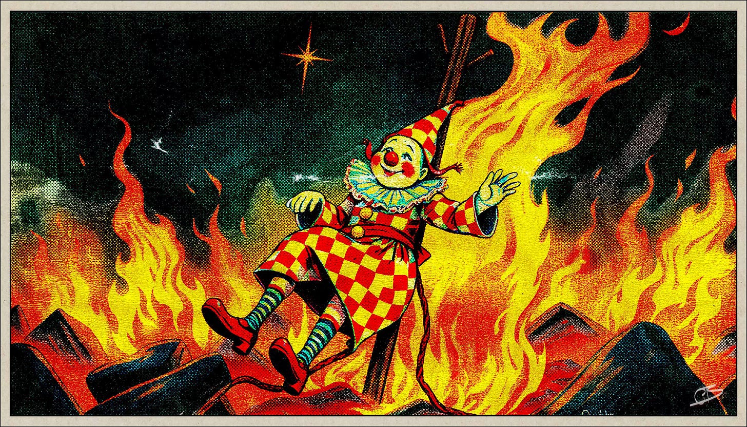 Clown burns at stake