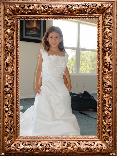 Several images of author Rosa Linda Román wearing a white wedding dress with her three kids playing underneath it like a tent.