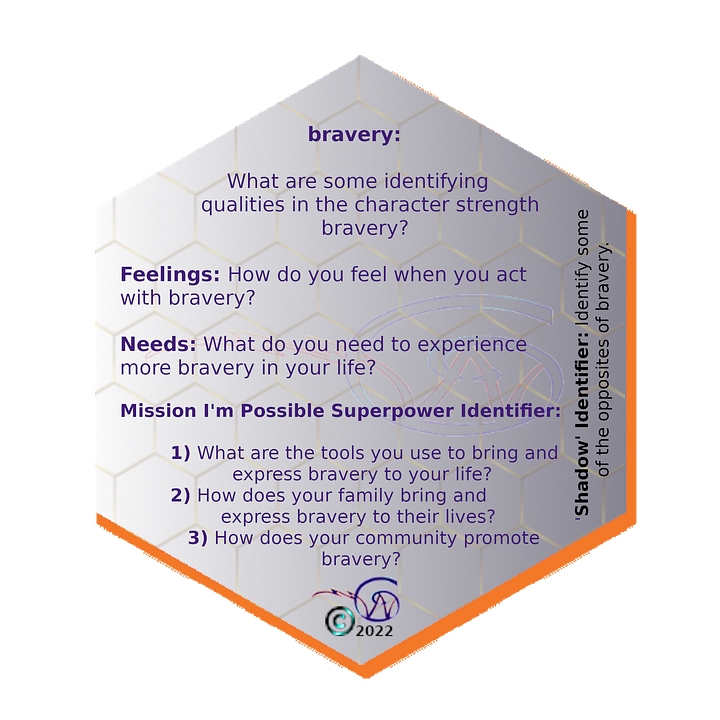 game card, VIA Character Strengths and Virtues, Bravery, definition and missions for the game SparkITude.