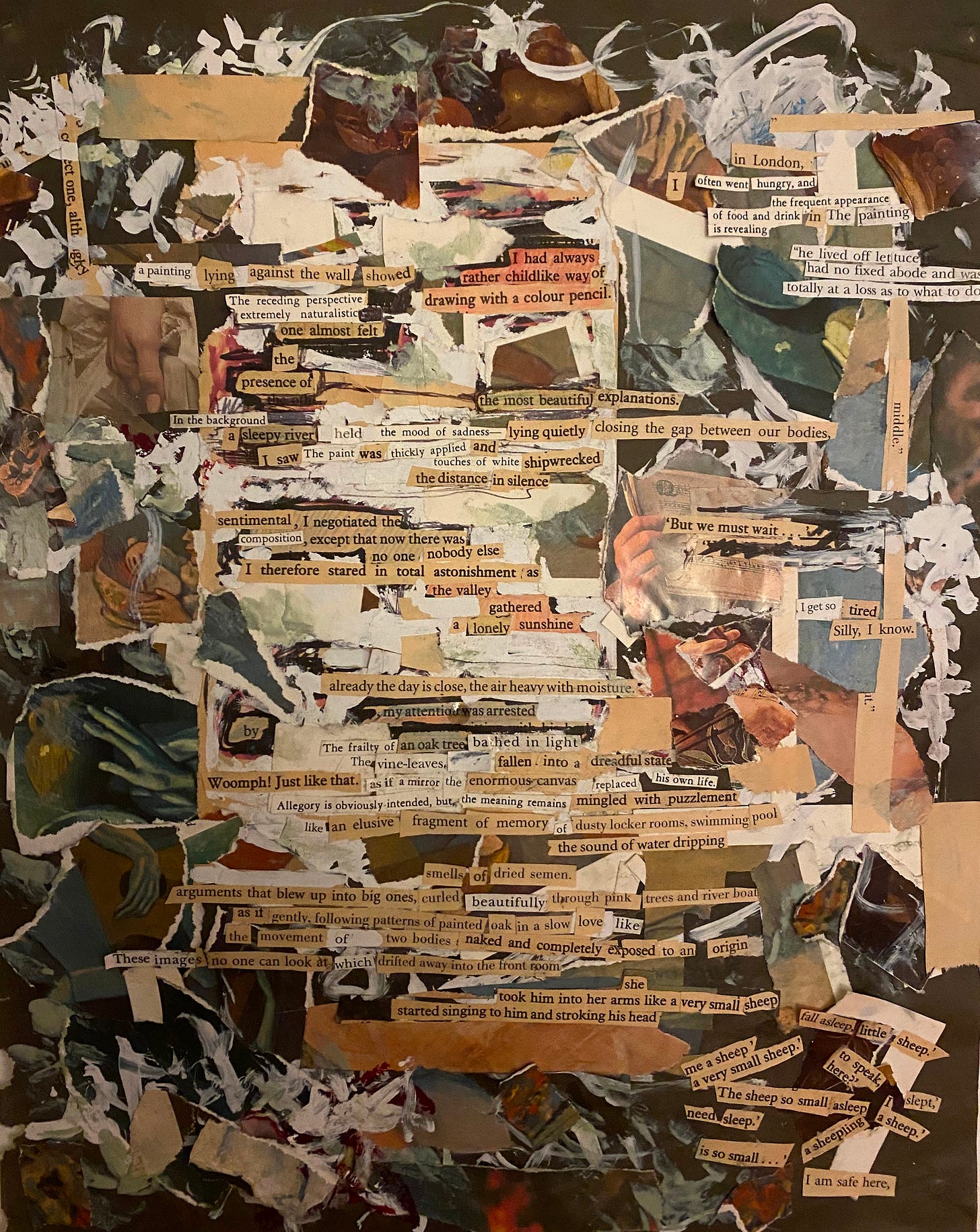 a collage of words and fragmentary images and colours by the artist Noah Lee Swann called Odradek Painting 1