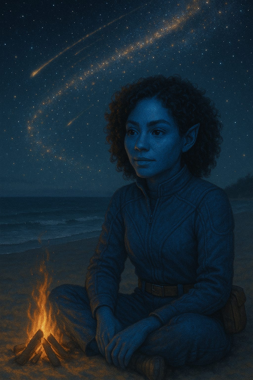 a blue alien sitting on a beach by a fire while the remains of her spaceship fall to earth in the background