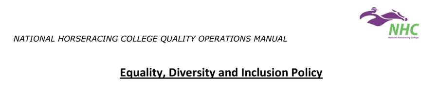 Excerpt from National Horseracing College EDI Policy listing protected characteristics under the Equality Act 2010 Excerpt from National Horseracing College EDI Policy listing protected characteristics under the Equality Act 2010