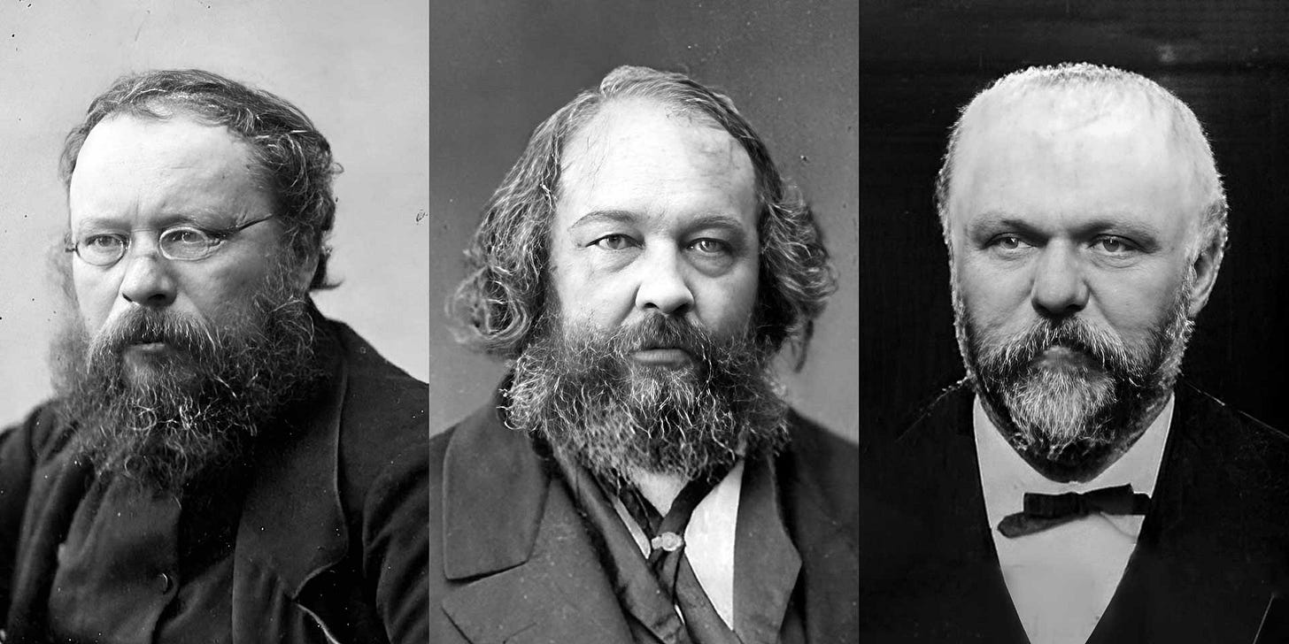AI enhanced collage of socialist revolutionary advocates Pierre-Joseph Proudhon, Mikhail Bakunin, and Georges Sorel.