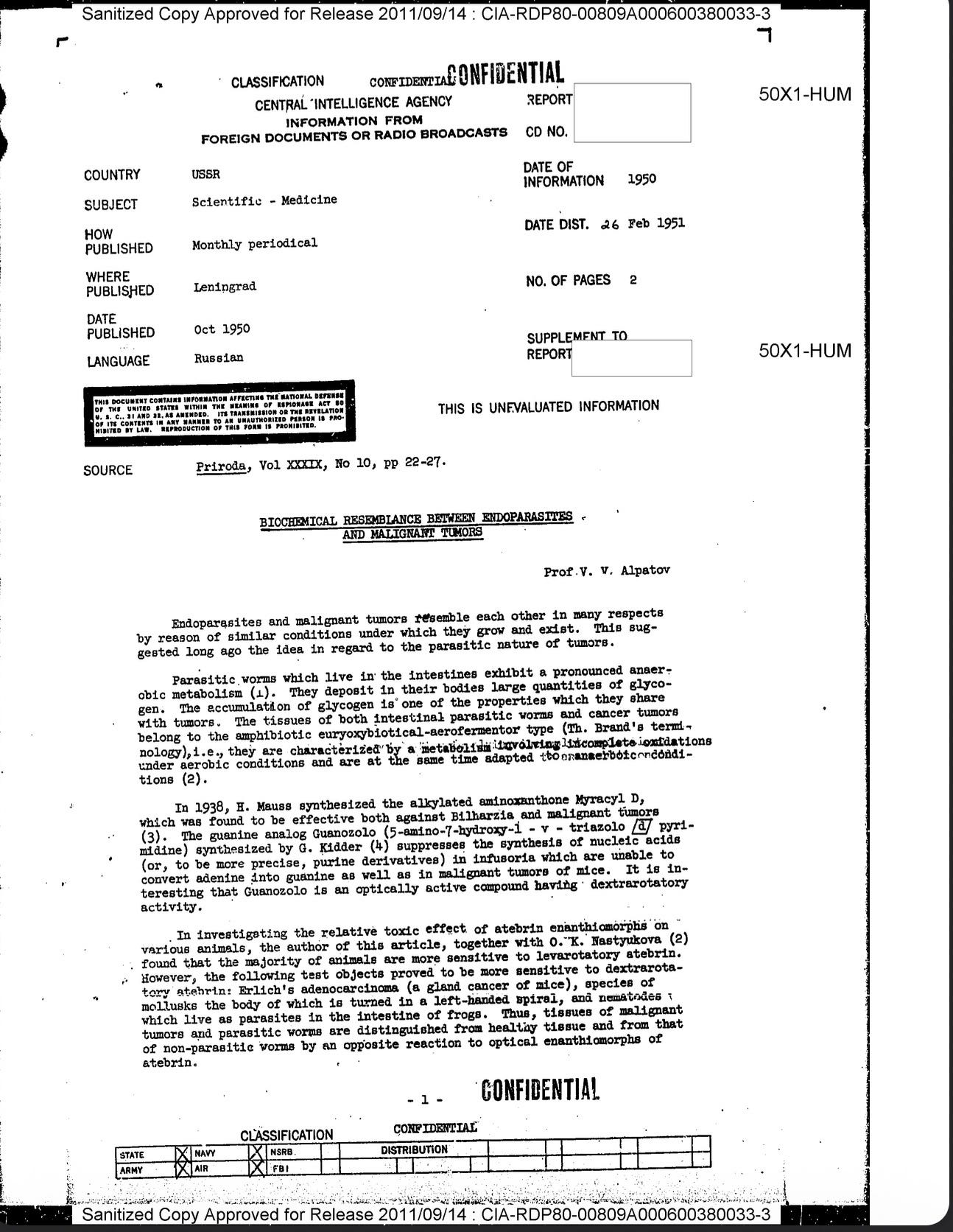 Professional Cia Report.pdf DECLASSIFIED CIA REPORT: BIOCHEMICAL RESEMBLANCE BETWEEN ENDOPARASITES ...