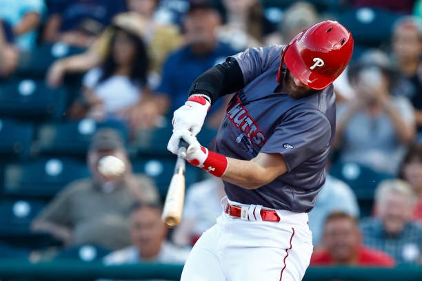 Bryce Harper of the Philadelphia Phillies hits a home run in his first at bat as he plays in his first game on a rehab assignment for the Lehigh... Bryce Harper of the Philadelphia Phillies hits a home run in his first at bat as he plays in his first game on a rehab assignment for the Lehigh...