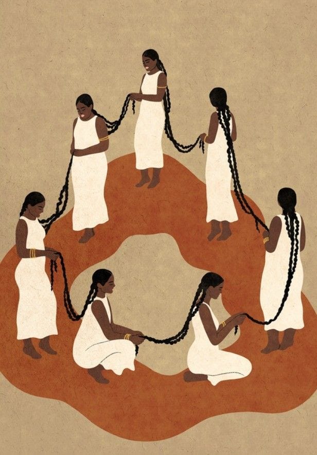 This may contain: several women in white dresses are holding hands and braids on a circular object with brown background