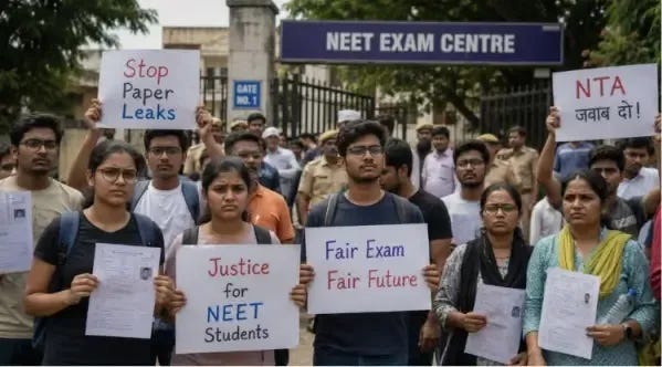 Students outside an exam centre NEET-related protest visual Students outside an exam centre NEET-related protest visual