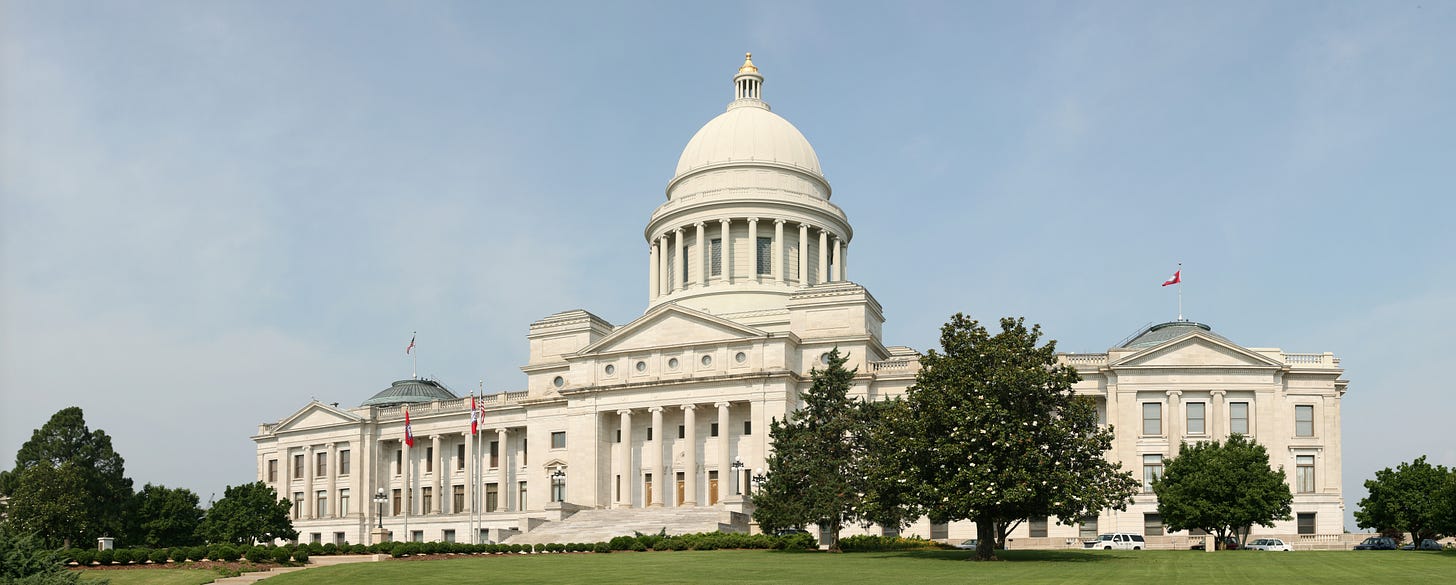Image: Arkansas State Capitol in Little Rock.  Wikimedia Commons user 	Daniel Schwen / CC BY-SA 4.0 https://commons.wikimedia.org/wiki/File:Arkansas_State_Capitol.jpg.