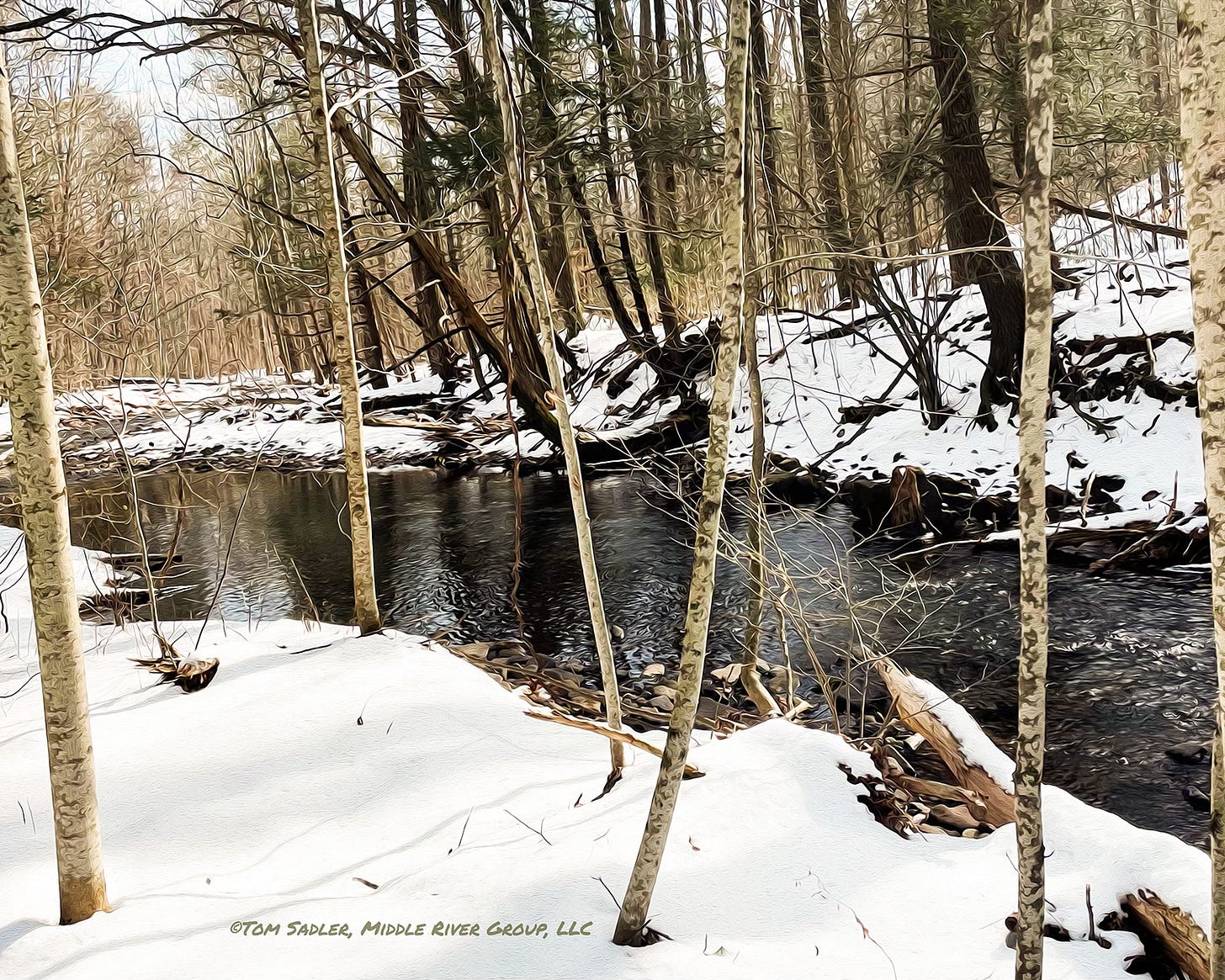 rendering of a mountain stream in winter with snow covered banks rendering of a mountain stream in winter with snow covered banks