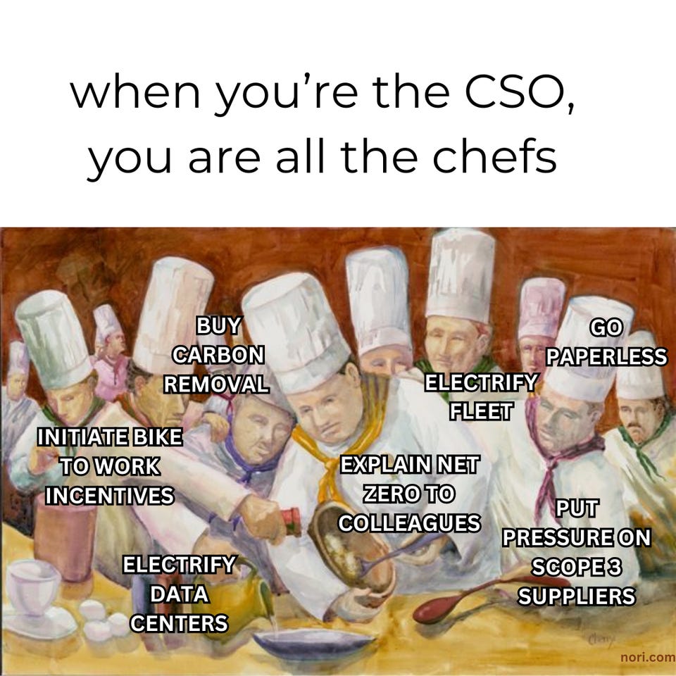 "when you're the CSO, you are all the chefs" above a painting of a crowded kitchen of chefs, each labelled with a job: buy carbon removal, electrify fleet, go paperless, initiate bike to work incentives, explain net zero to colleagues, put pressure on scope 3 suppliers, electrify data centers.