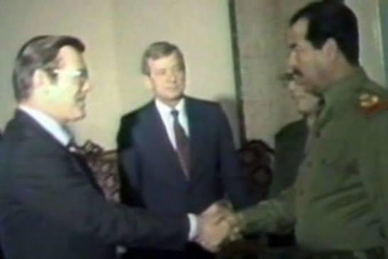 Donald Rumsfeld shakes hands with Iraqi Dictator Saddam Hussein on a 1983  trip on behalf of the Reagan administration to try and foster better  relations during the Iran-Iraq War : r/USHistory