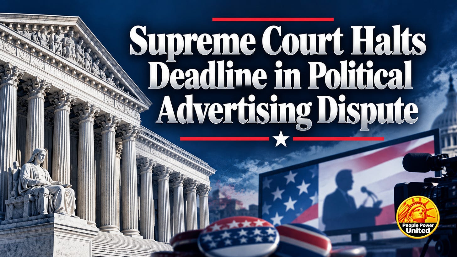 Supreme Court Halts Deadline in Political Advertising Dispute. Supreme Court Halts Deadline in Political Advertising Dispute.