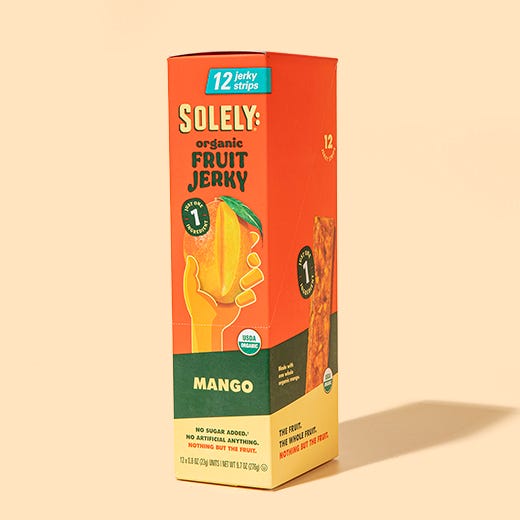 Solely's organic mango fruit jerky and organic mango and guava gummies. Available in Purple Carrot's Grocery.