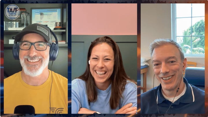 Three smiling podcast hosts. Three smiling podcast hosts.