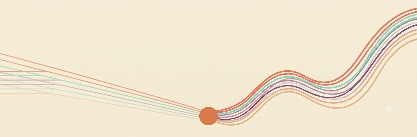 A minimalist 2D graphic illustration on a warm cream canvas. A series of thin parallel pastel lines slopes steadily downward from the left edge into a small, solid orange focal circle, before transforming into an invigorated, looping multi-layered wave that climbs dynamically toward the top-right corner. A minimalist 2D graphic illustration on a warm cream canvas. A series of thin parallel pastel lines slopes steadily downward from the left edge into a small, solid orange focal circle, before transforming into an invigorated, looping multi-layered wave that climbs dynamically toward the top-right corner.