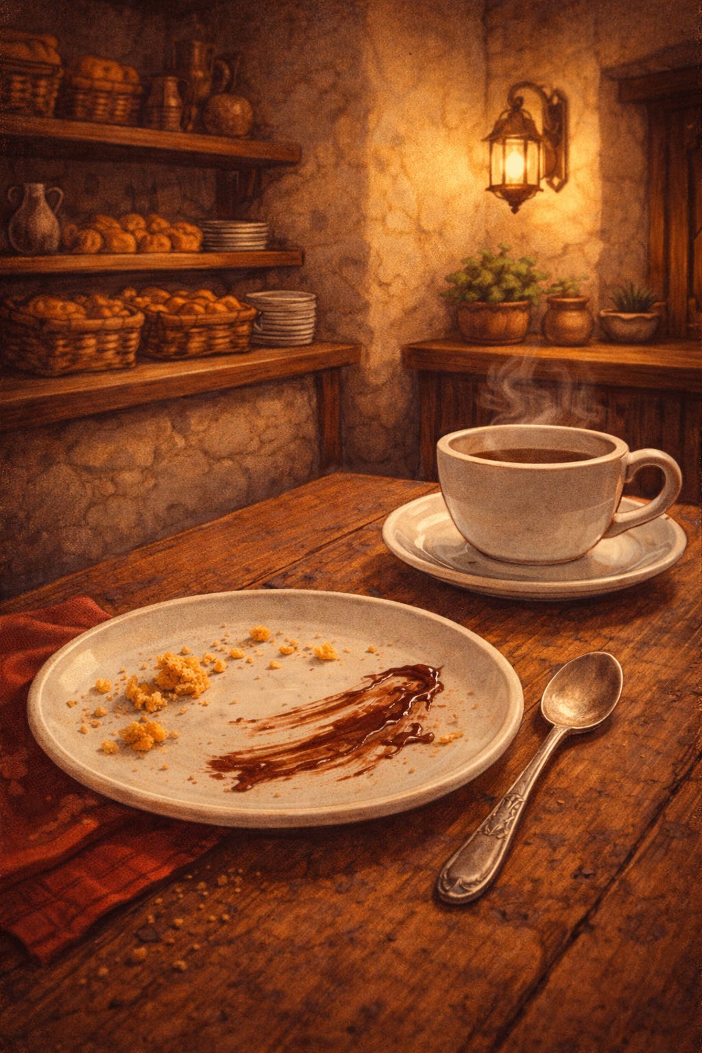 Illustrated scene inside a cozy bake shop with stucco walls and warm lantern light. A small wooden table holds a clean ceramic plate with a few crumbs and a thin smear of chocolate, beside a mostly empty teacup with a faint curl of steam rising from it. Shelves of bread and baked goods line the background, suggesting a welcoming, well-kept space recently used. Illustrated scene inside a cozy bake shop with stucco walls and warm lantern light. A small wooden table holds a clean ceramic plate with a few crumbs and a thin smear of chocolate, beside a mostly empty teacup with a faint curl of steam rising from it. Shelves of bread and baked goods line the background, suggesting a welcoming, well-kept space recently used.