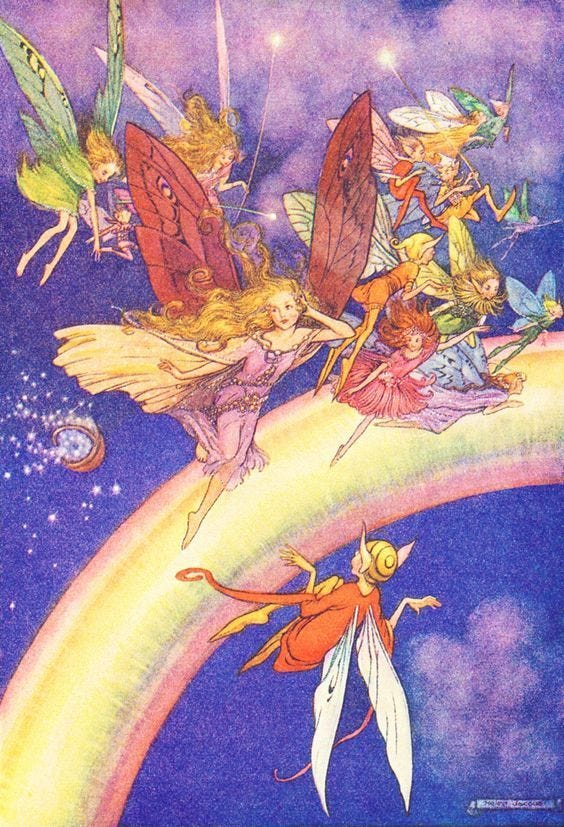 This may contain: an image of some fairy characters flying over the rainbow This may contain: an image of some fairy characters flying over the rainbow