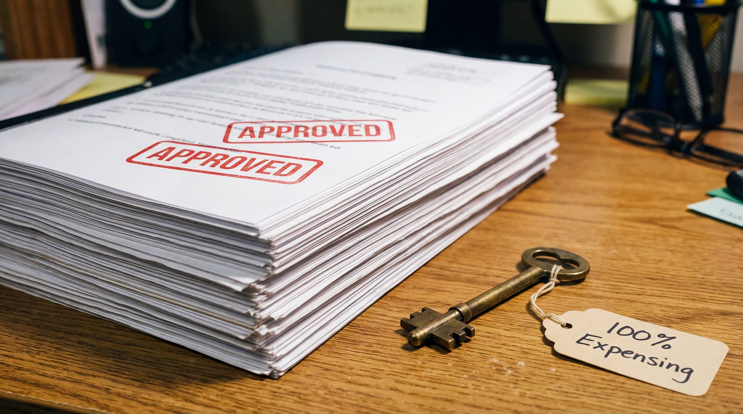 AI-generated illustration of a tall stack of tariff deals with an old key tagged 100% expensing, symbolizing the wealth tariffs represent.