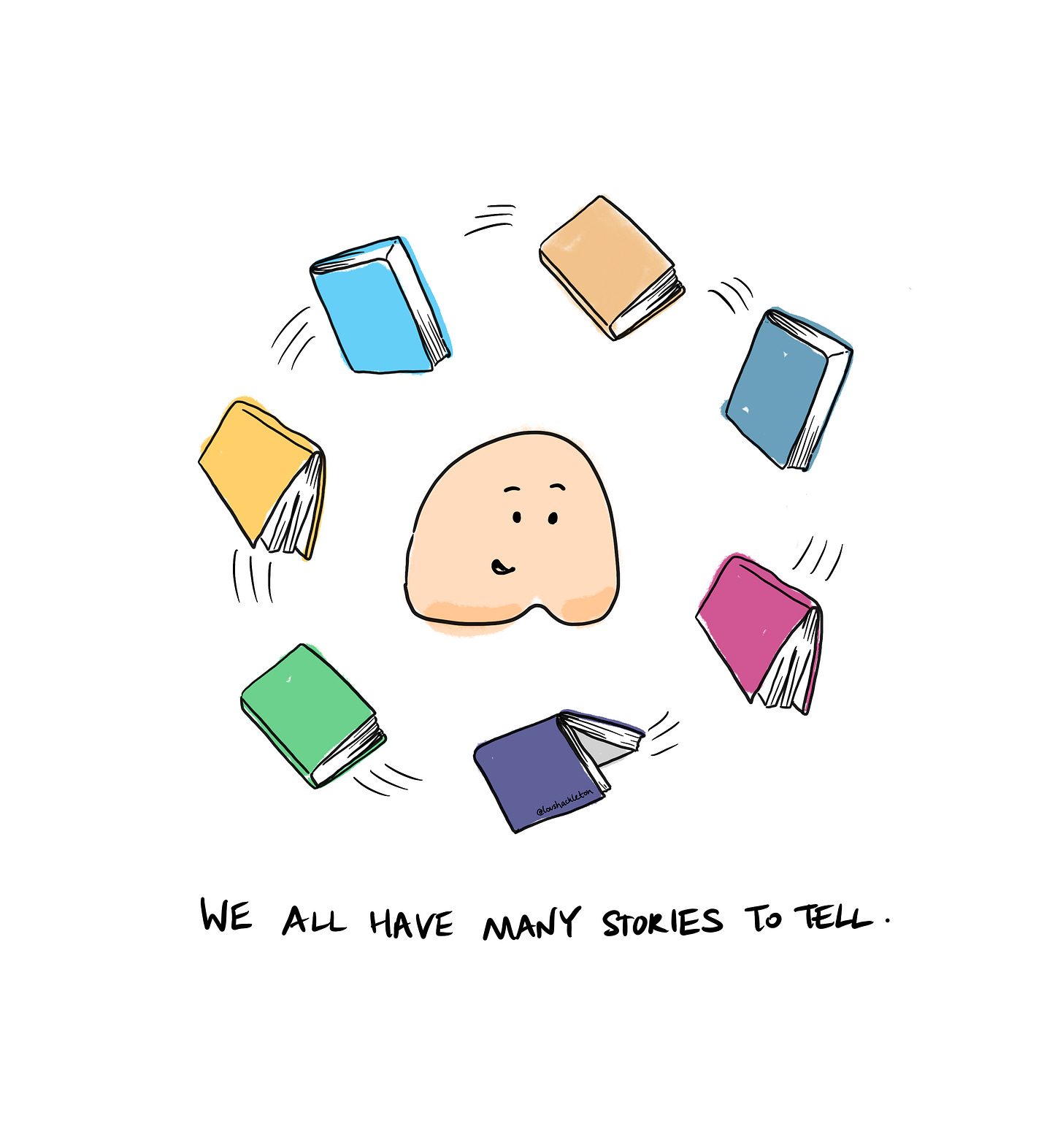 Image shows a blob with an impressed face. Around the blob, seven books are swirling in a circle. Underneath are the words, We all have many stories to tell.