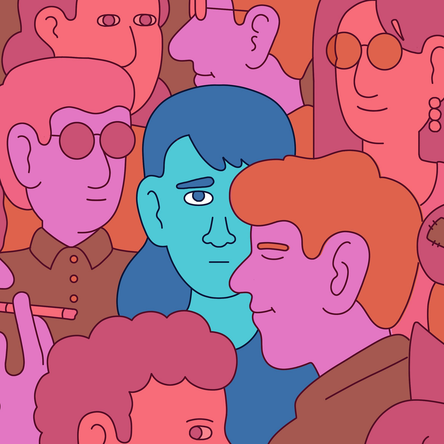 Illustration of a crowd in red. One person in the middle is blue.