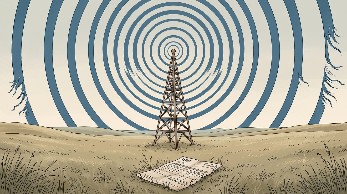 Editorial illustration of a vintage broadcast tower standing in a grassy, open field under a muted sky. Blue concentric signal rings radiate outward from the antenna, extending past the horizon and visibly fraying at the edges like overstretched fabric. In the foreground grass below the tower sits an unpaid paper invoice. Editorial illustration of a vintage broadcast tower standing in a grassy, open field under a muted sky. Blue concentric signal rings radiate outward from the antenna, extending past the horizon and visibly fraying at the edges like overstretched fabric. In the foreground grass below the tower sits an unpaid paper invoice.