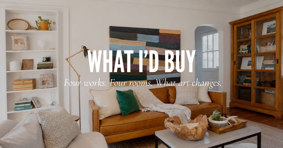 Warm living room with a cognac leather sofa and a large abstract painting above it. White overlay text reads “What I’d Buy. Four works. Four rooms. What art changes.”