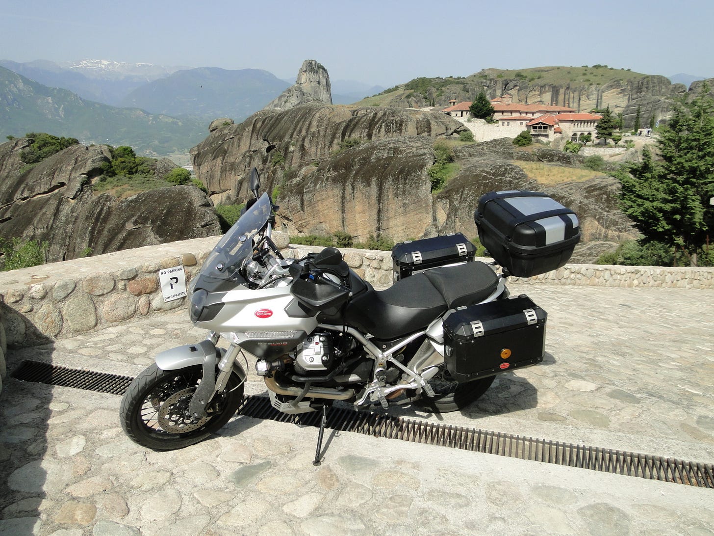 Greece, Meteora, monestary, moto guzzi stelvio, motorcycle 