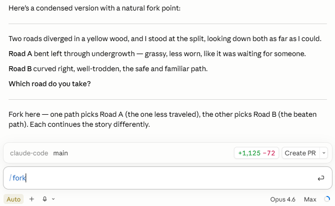 Claude Desktop chat displaying a "Two Roads Diverged" poem with "/fork" typed into the prompt box. Claude Desktop chat displaying a "Two Roads Diverged" poem with "/fork" typed into the prompt box.