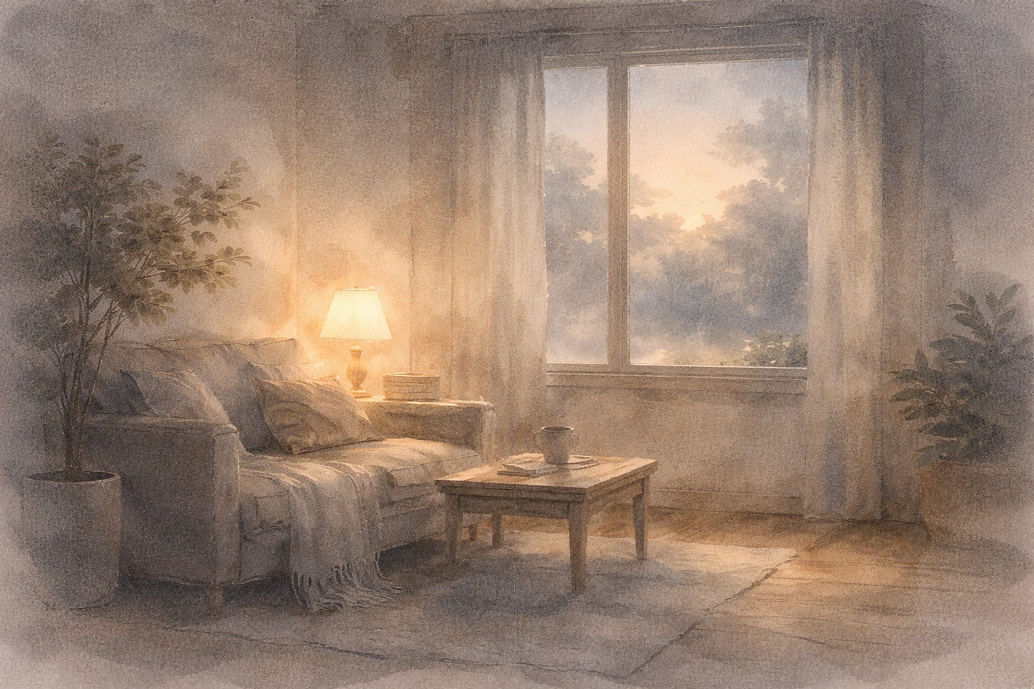 Softly lit living room at dusk with a couch, warm lamp, coffee table, and sheer curtains framing a quiet window—an inviting scene of reflection and moving forward without pressure.