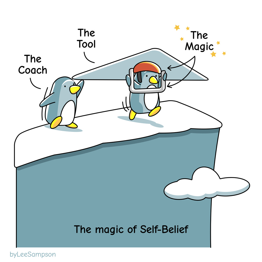 A leadership cartoon about coaching using penguins to highlight the magic of self belief by Lee Sampson.