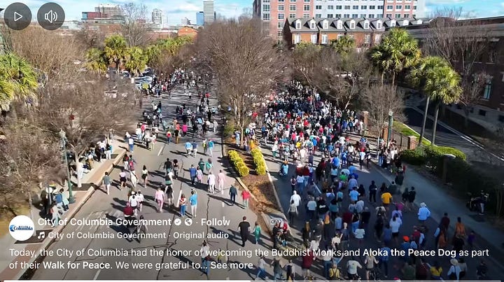 Crowds streaming toward the capitol--next to a photo of the excited crowds along the monks' route.